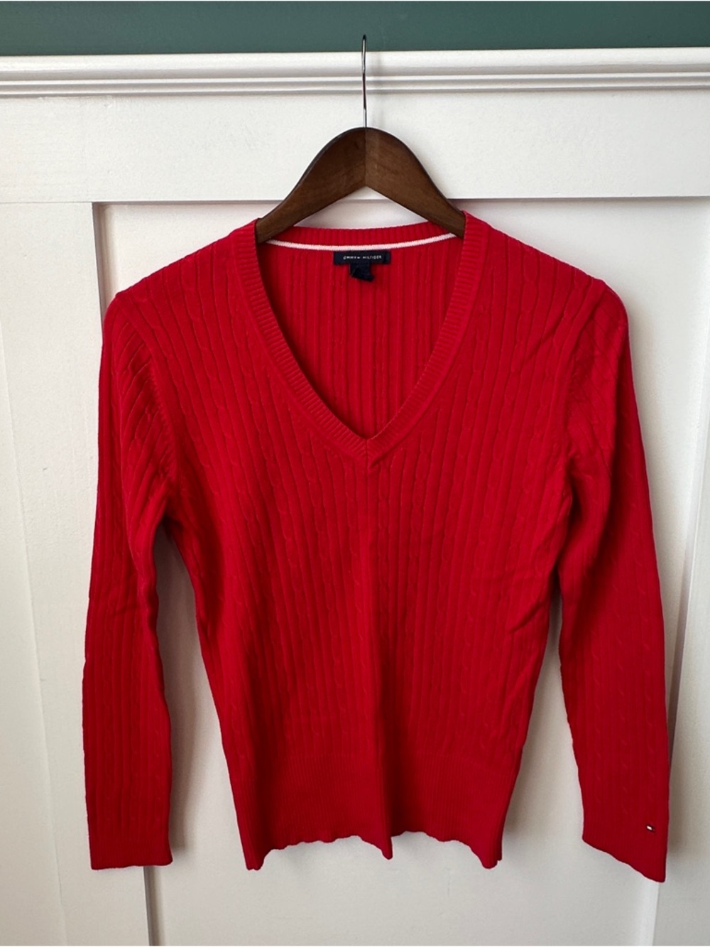 Tommy Hilfiger Red V-Neck Ribbed Knit Sweater
